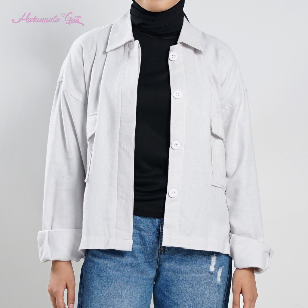 Hakumata Girl - Hivi - Shirt White Crop top Wanita - Kemeja Kerah Lengan Panjang Putih Cewek