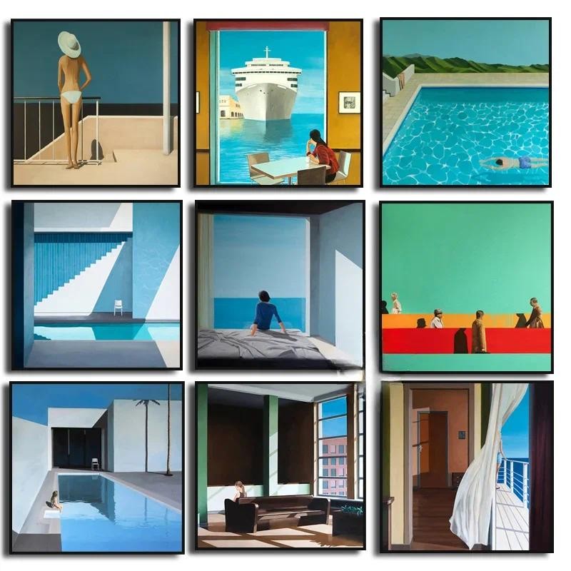 

David Hockney Landscape Exhibition Canvas Painting Swimming Pool Ocean Window poster Wall Art Picture Living Room Home Decor