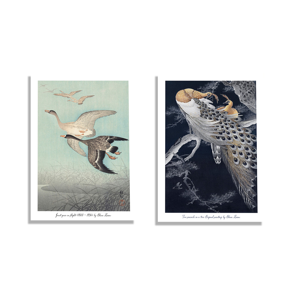 

Japanese poster, peacock and goose vintage print, two peacocks Japan by Ohara Koson, botanical ancient art nature print