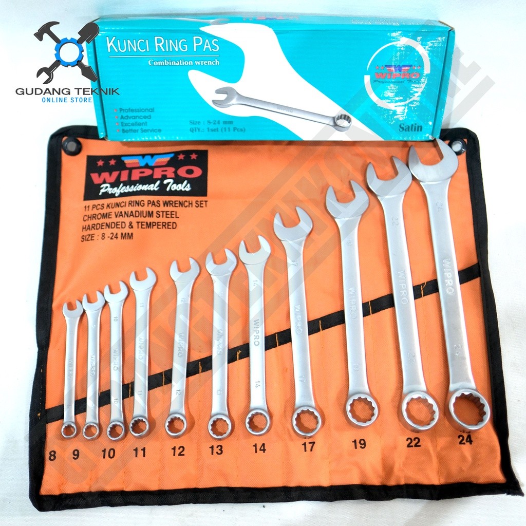 Kunci Ring Pas SET 11pcs 8-24mm WIPRO  / Kunci Ring Pas 11 pcs Set 8-24 mm - Combination Wrench Set 