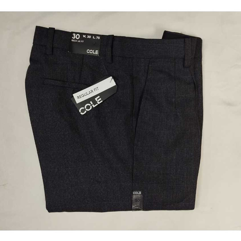 COLE Rempel Celana Formal Pria Abu Tua Motif Kotak-Kotak Reguler Fit l Celana Kerja