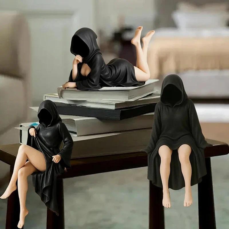 

3d Mysterious Statue Gothic Black Robe Queen Figure Bookshelf Sculpture Spooky Sitting Statues Desktop Ornaments Gifts