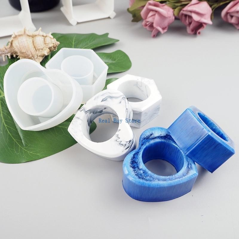 

U13D 4 Shapes Minimalist Napkin Holders Ring Resin Molds Round Sqaure Heart Hexagon Napkin Buckles Resin Casting Mold