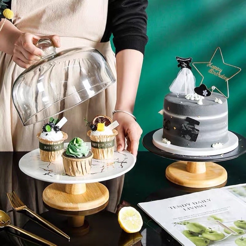Classic Cake Stand wadah tempat kue kaki kayu tutup kaca standing