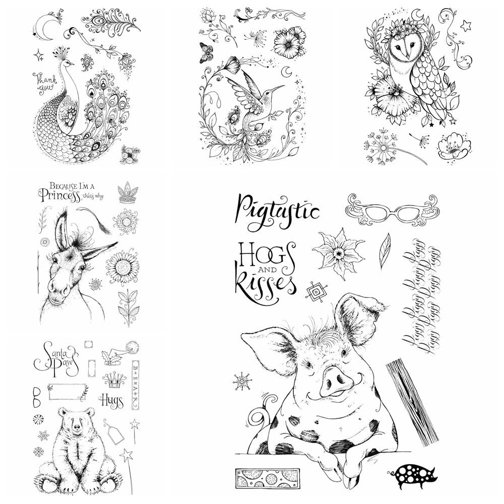 

Peacock Birds Animal Pig Horse Bear Clear Silicone Stamps HOGS AND KISSES Pun Words Seal DIY Paper Card Ink Stamping Project