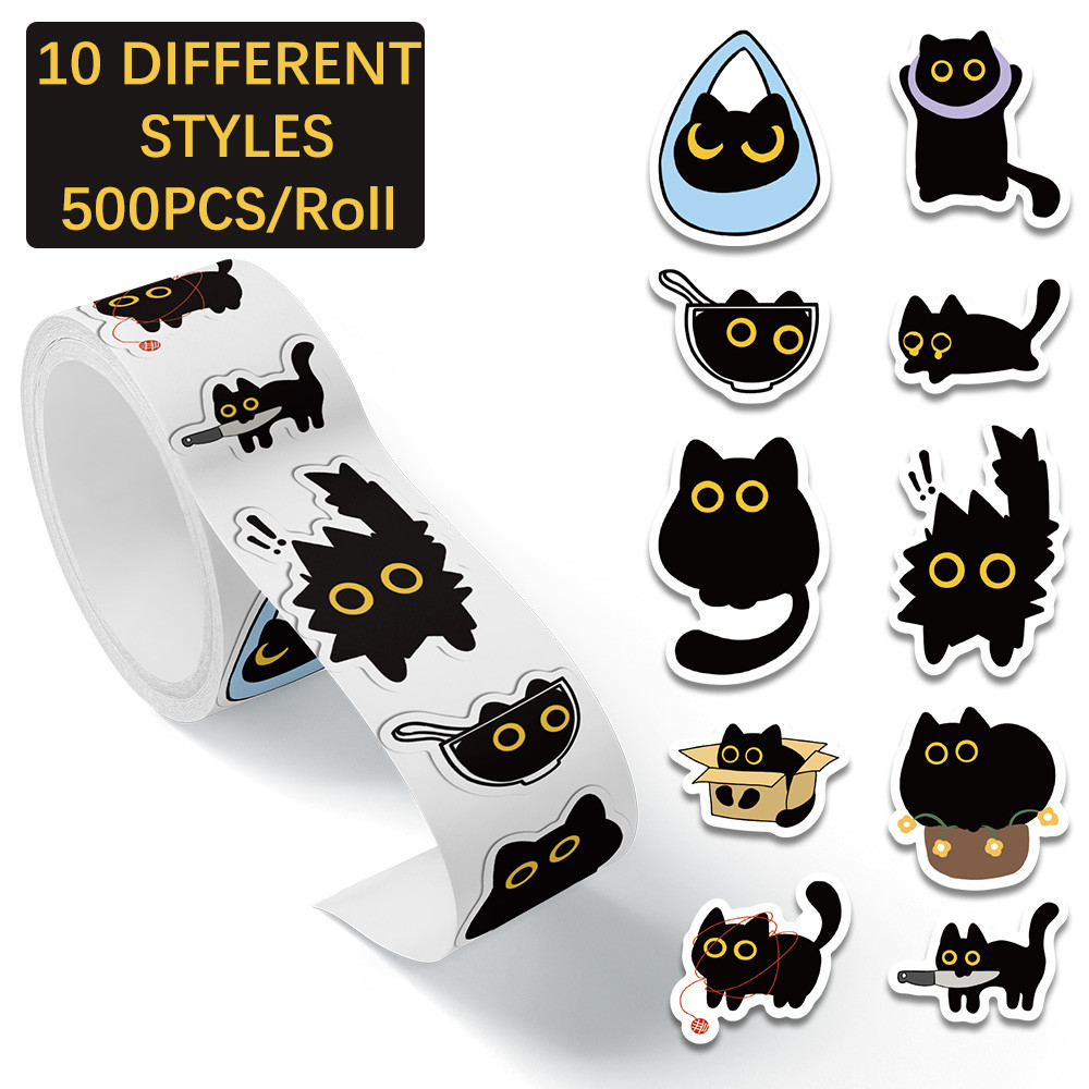 

500PCS Black Cat Sticker Rolls Funny Cartoon Cat Meme Cute Label Decals Crafts for Laptop Guitar Skateboard Decor School Rewards