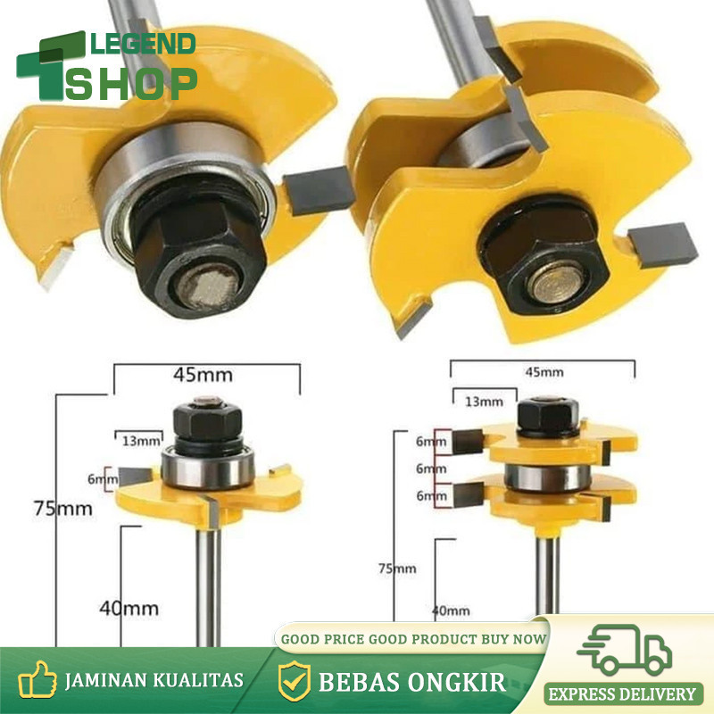 1 / 4 " Mata Profil Tongue & Groove Bentuk T 3 Gigi Shank 2pcs 8mm Untuk Pengerjaan Kayu & Groove As