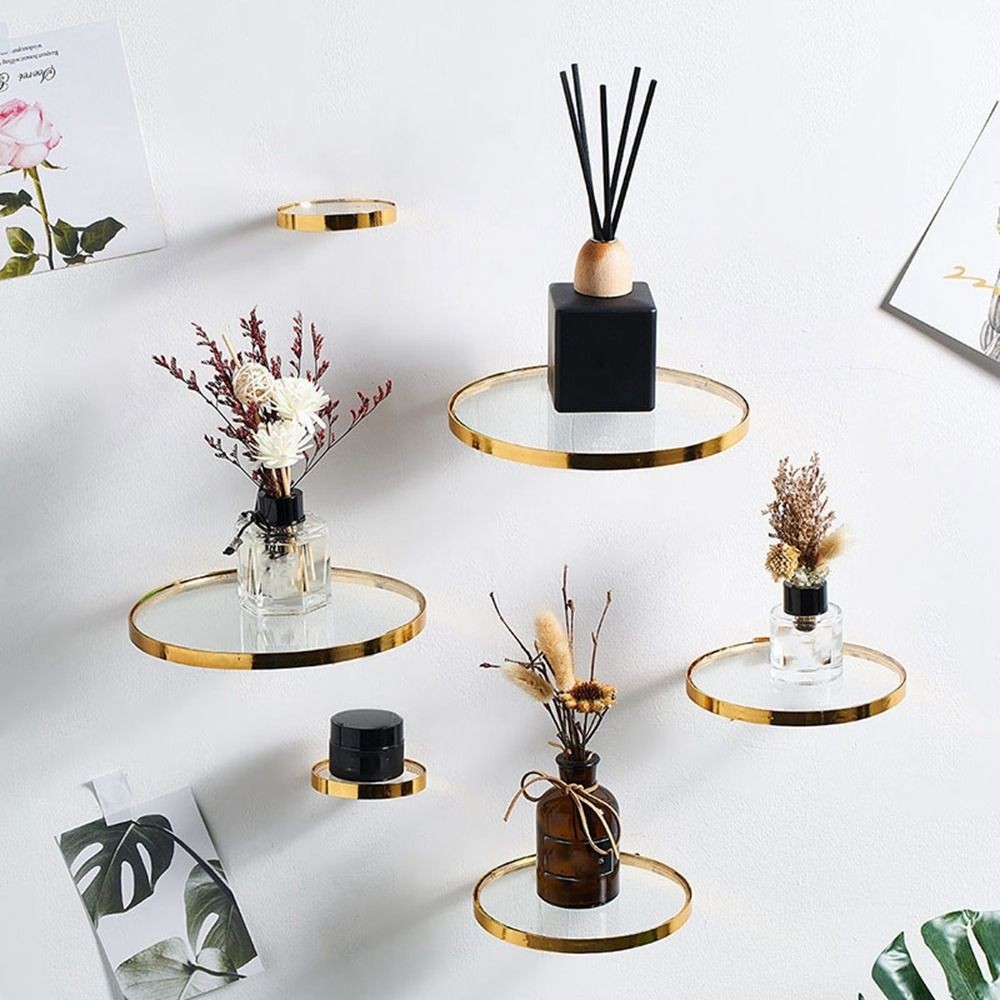 

Creative Wrought Iron Glass Ledge Rack Wall Mounted Gold Round Floating Shelf Decorative Sundries Storage Holder Hotel