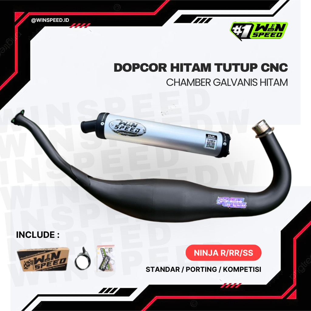 Knalpot Racing Ninja R RR SS ZX150 – WINSPEED Chamber Galvanis Hitam Dopcor Hitam Tutup CNC