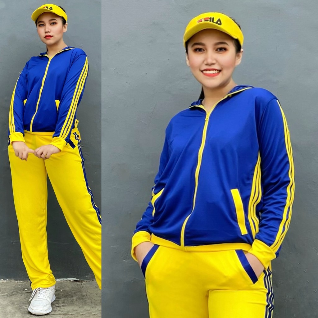 READY Baju Senam Setelan Aerobic Zumba Fitness Cycling Hijab Muslimah Training Biru KuningTERMURAH B
