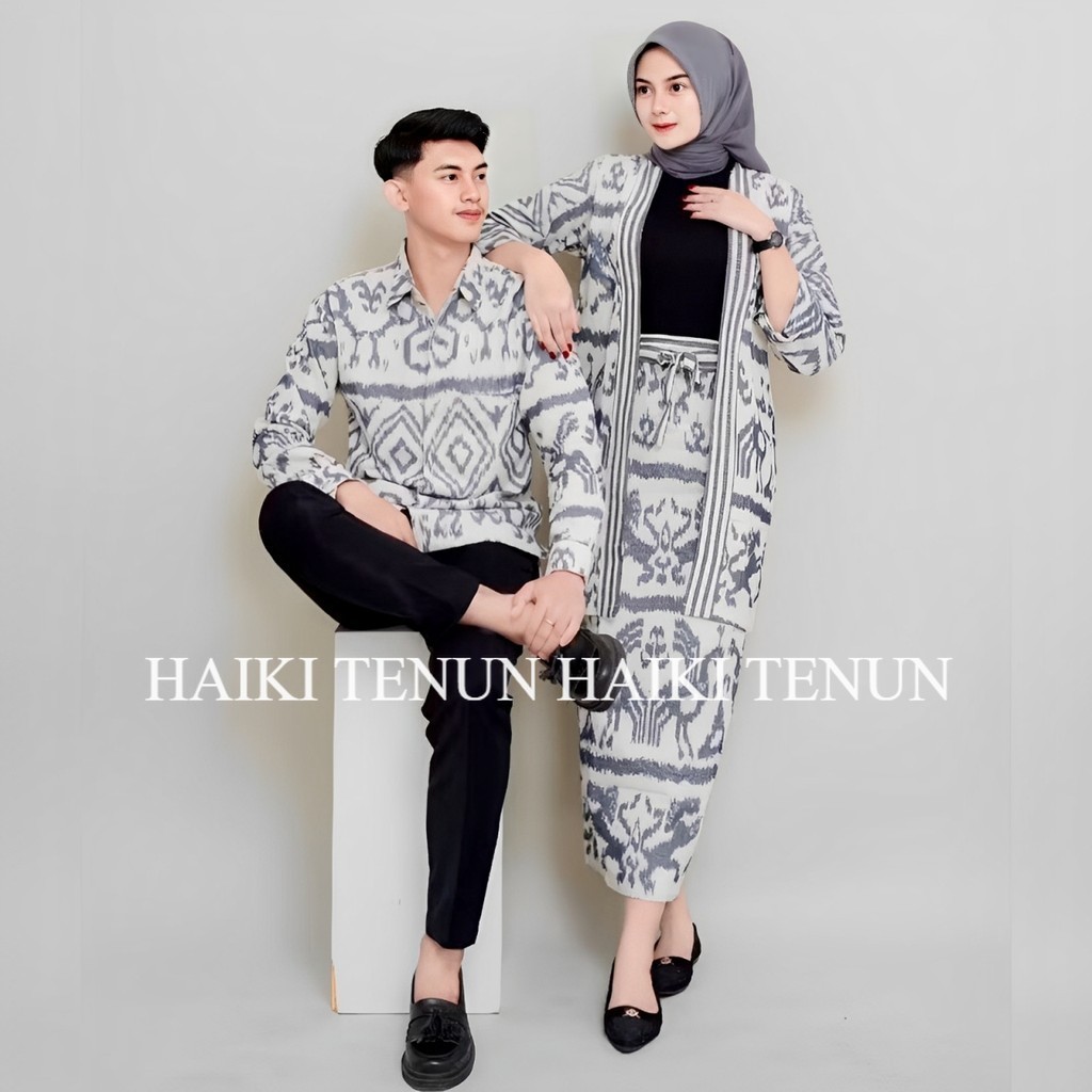 BAJU COUPLE TENUN MADAM WHITE GREY OUTER DAN ROK TENUN NTT BAJU TENUN COUPLE BAJU KONDANGAN PREWEDDI