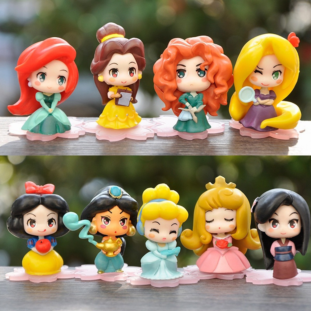 

9 Pcs/Set Kawaii Q Princess 6cm Rapunzel Snow White Jasmine Mulan Ariel PVC Figurine Cake Ornaments Toys Kid Gift