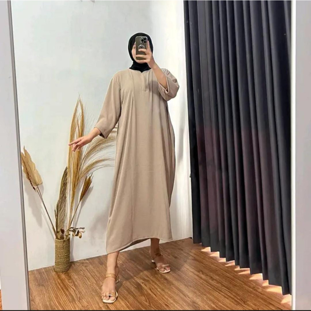Dress Gamis Daster Tunik Crinkle Airflow Polos Busui Lengan 3/4 Baju Gamis Panjang Santai Harian Rum