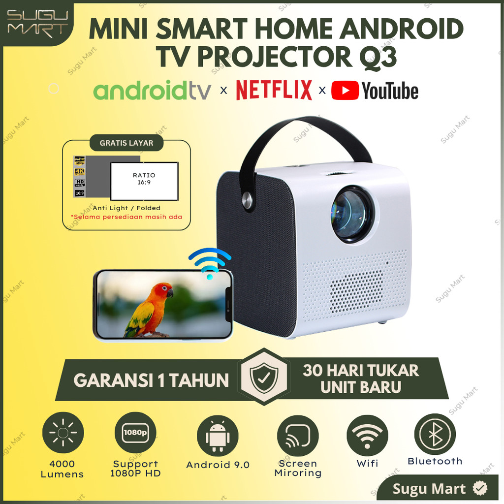 Proyektor Android Q3 4000 Lumens RAM 1 / 8 GB 1080P Wifi Bluetooth Screen Mirroring | Proyektor Mini