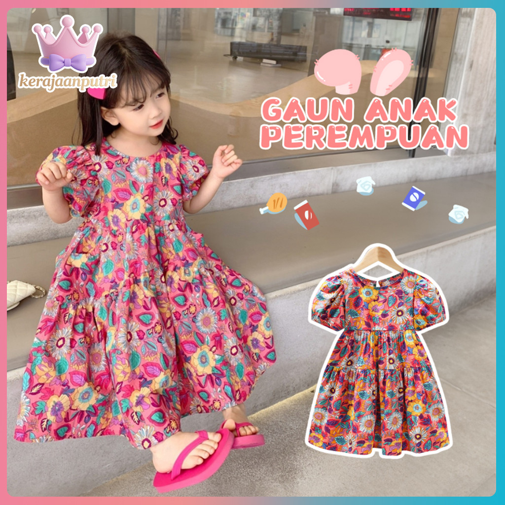 Baju Dress Anak Perempuan Lengan Pendek Motif Bunga Korea 6 Bulan - 8 Tahun, Gaun Warna Cerah Bahan 