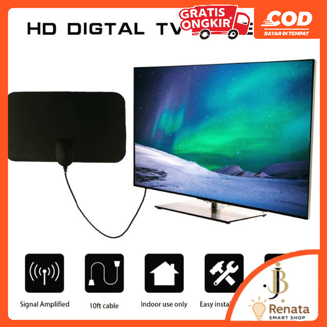 Antena TV Digital Indoor DVB-T2 Tipis 4K 25dB High Gain 3M Kabel VHF UHF Tanpa Set Top Box