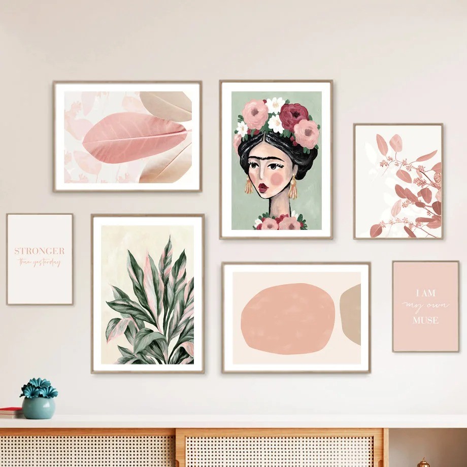 

Plant Leaf Flower Girl Geometry Color Block Pink Green Minimalist Wall Art Print Canvas Painting Posters for Modern Home Decor