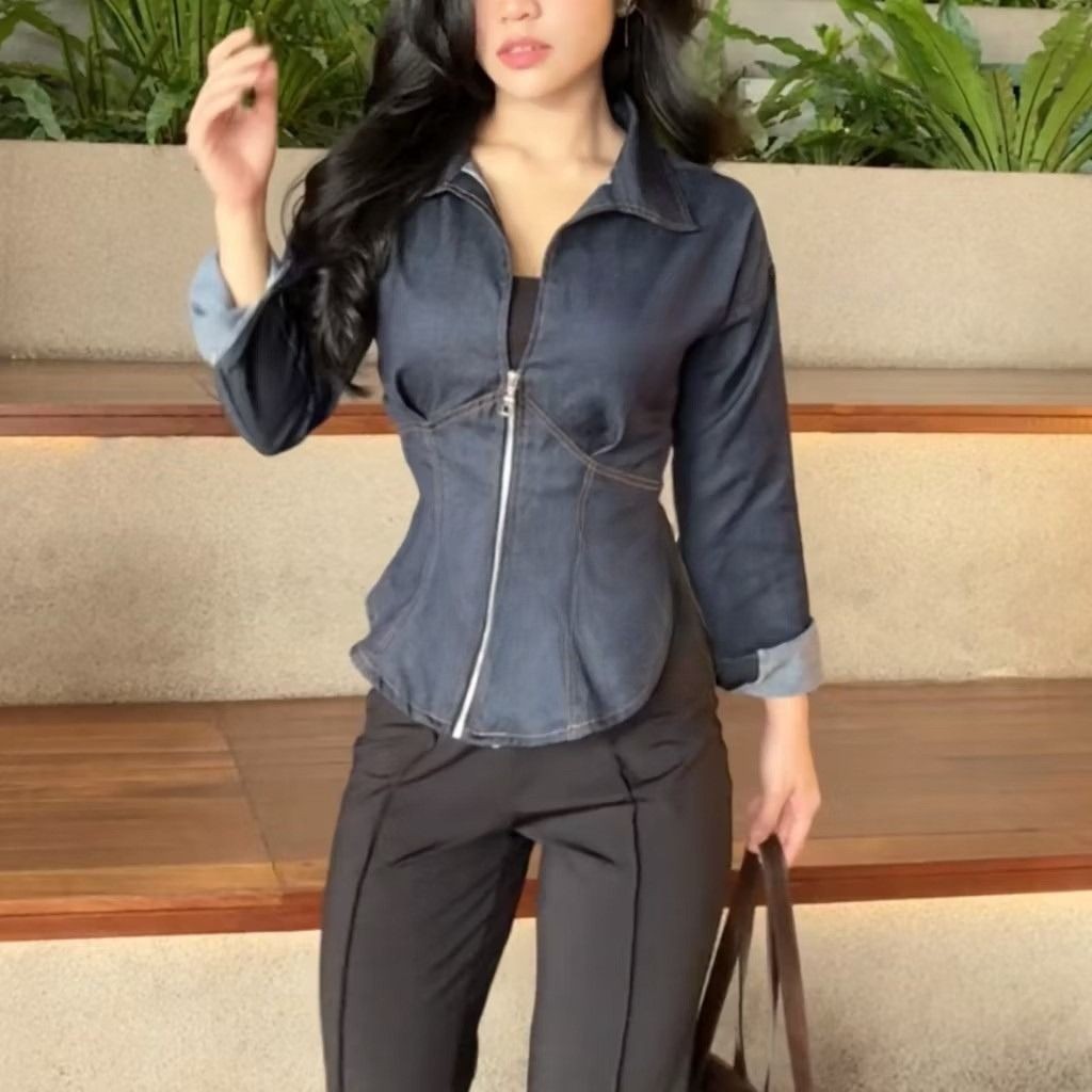 Billionare Denim Jacket | Kameja denim slim fit zipper | fiited women denim jeans Biowash