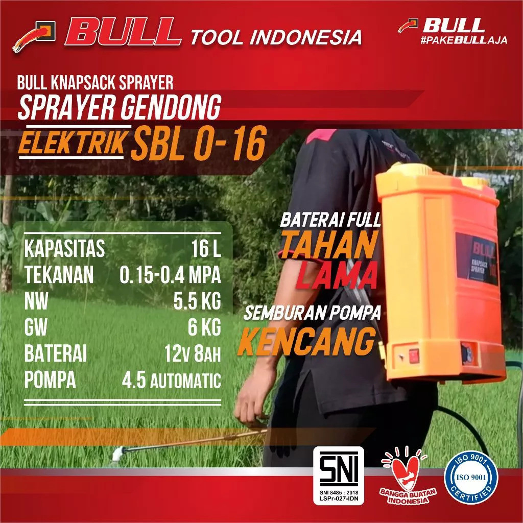 Bull knapsack sprayer elektrik sprayer gendong 16L sudah SNI ISO bagus awet murah laris ORANGE