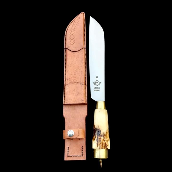 Herder Pisau cap Garpu asli 10" Handle Tanduk Rusa & Sarung Kulit
