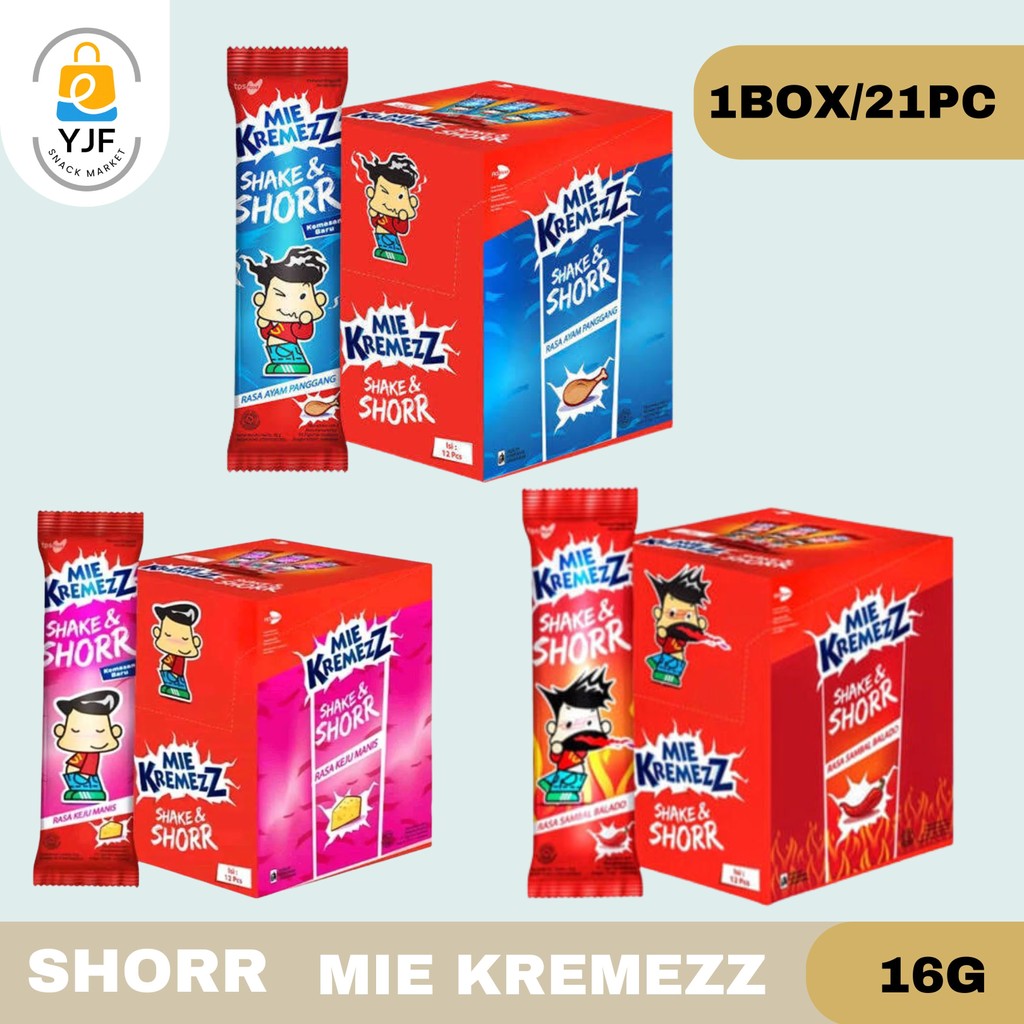 

Shorr Mie Kremezz Shake 16g - 1BOX/21PC / Snack Mie / Mie Kremez Rasa Ayam Panggang / Sambal Balado / Keju Manis