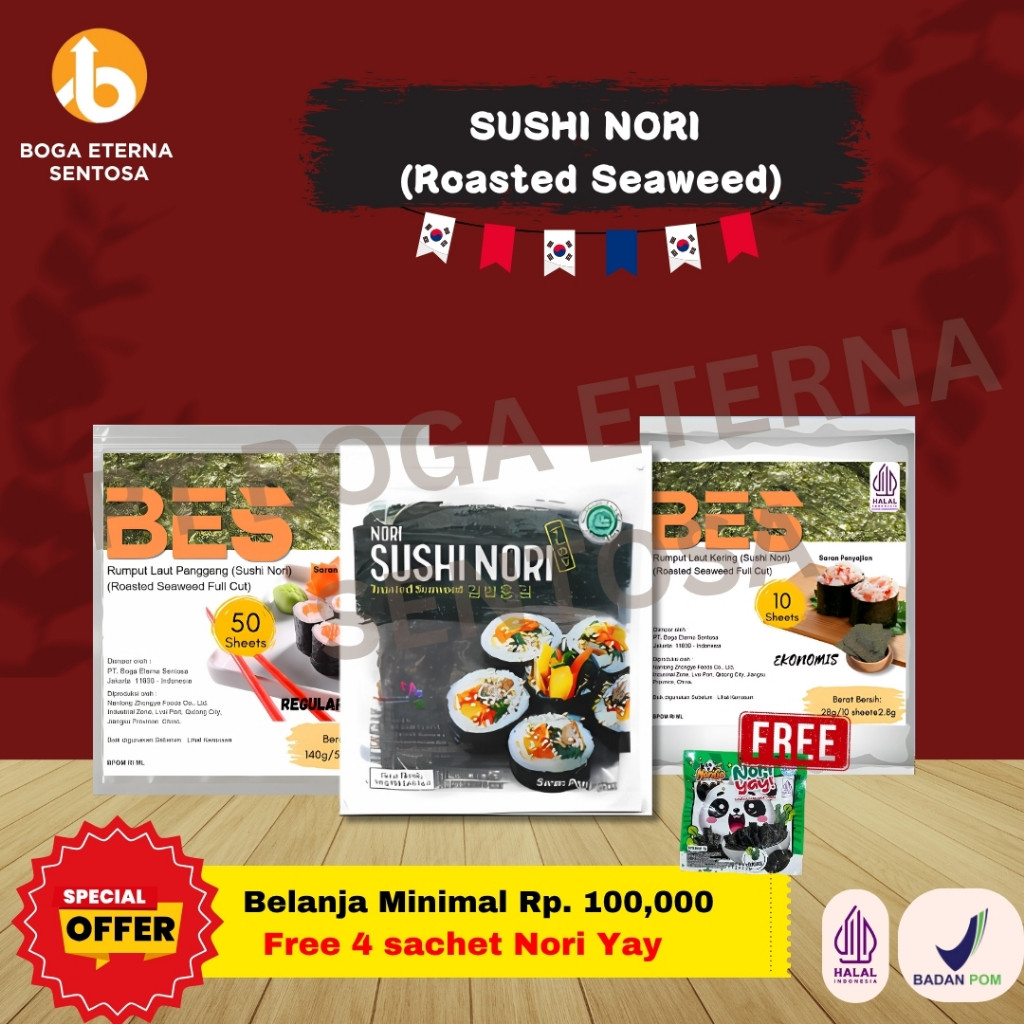 

SUSHI NORI ROASTED SEAWEED isi 50 LEMBAR ( SUSHI / GIMBAP ) ( MURAH ) HALAL