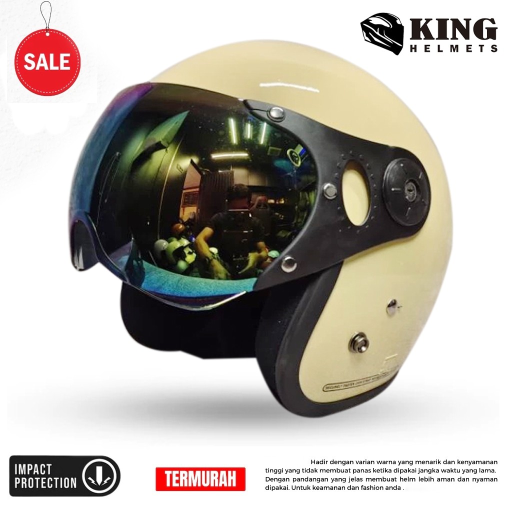 King Helmet 279 - Helm Bogo Retro Hijab Dewasa Kaca Pilot SNI Motorcycle Cream Glossy