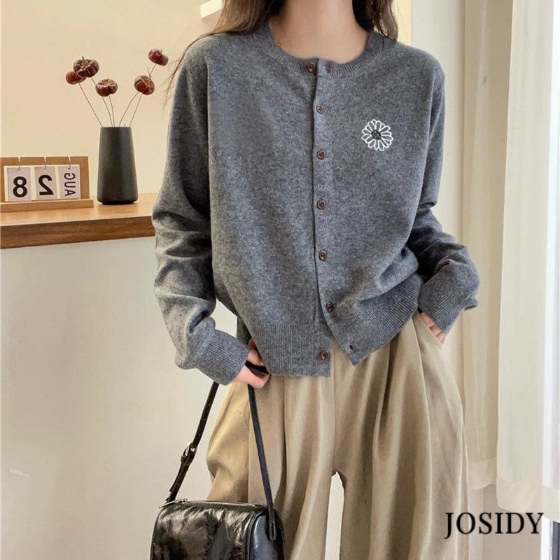 Kardigan Rajut Lengan Panjang Motif Bunga Bordir, Jaket Pendek Wanita Trendi JD