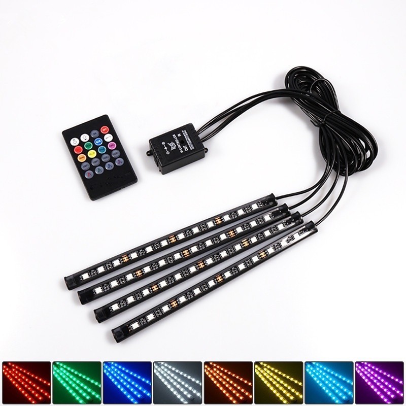 Strip LED Mobil RGB Wireless - 4 Bar, USB Charging, Remote Control, Anti Air, Lampu Kabin, Hiasan Mo