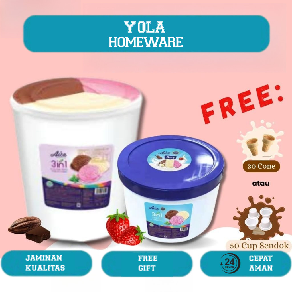 

Es Krim AICE Bucket 8 liter 5 liter 3 in 1 Neapolitan Vanilla Coklat Gratis Cone / Cup Ready Stock