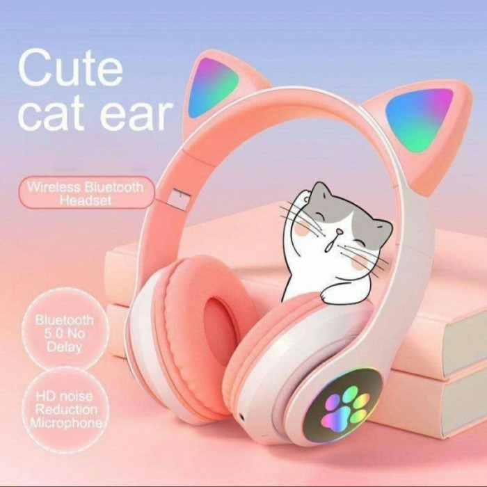 BIG SALE Headset Anak Perempuan Pink Lucu Headset Bluetooth Karakter Kucing LED - Biru