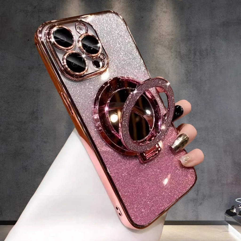 Luxury Plating Gradient Glitter Makeup Mirror Stand Phone Case for iPhone 15 Pro Max 11 12 13 14 Pro