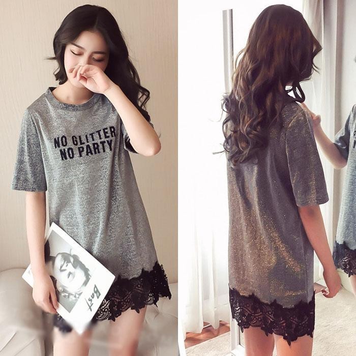Kaos Wanita No Glitter No Party Lengan Pendek Brokat Import 51436