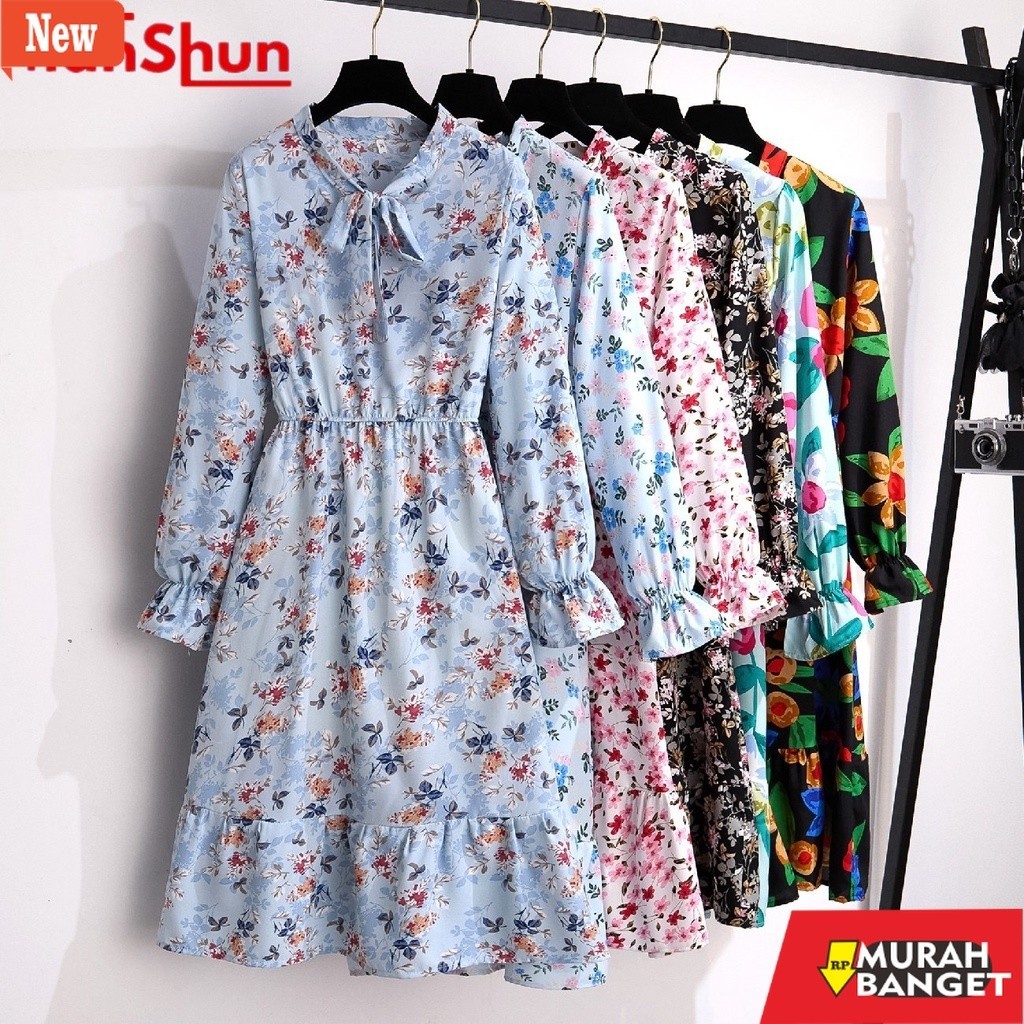 dress wanita kekinian Tianshun New Fashion Floral A-line Long Sleeves Midi Dress Sifon Motif Bunga D