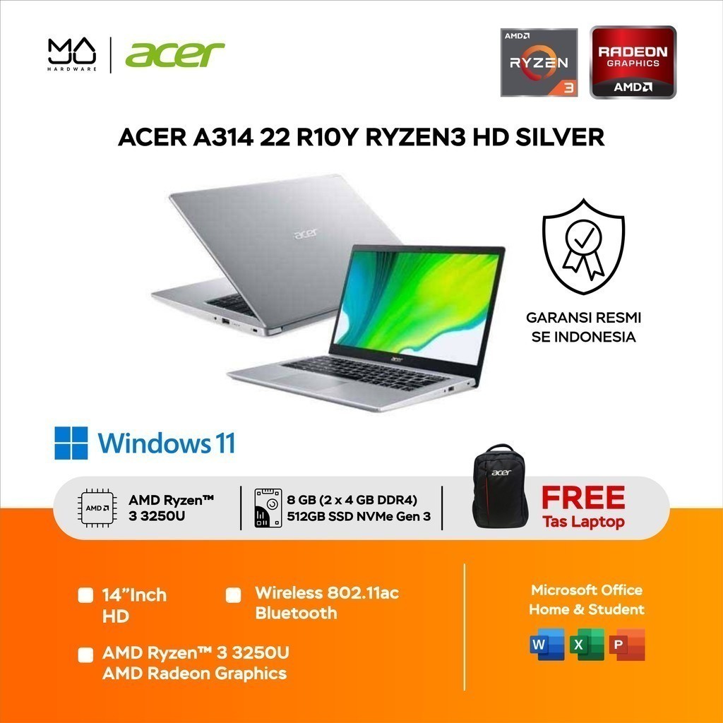 Laptop Acer Aspire 3 A314-22-R10Y Ryzen3 3250U - Garansi Resmi