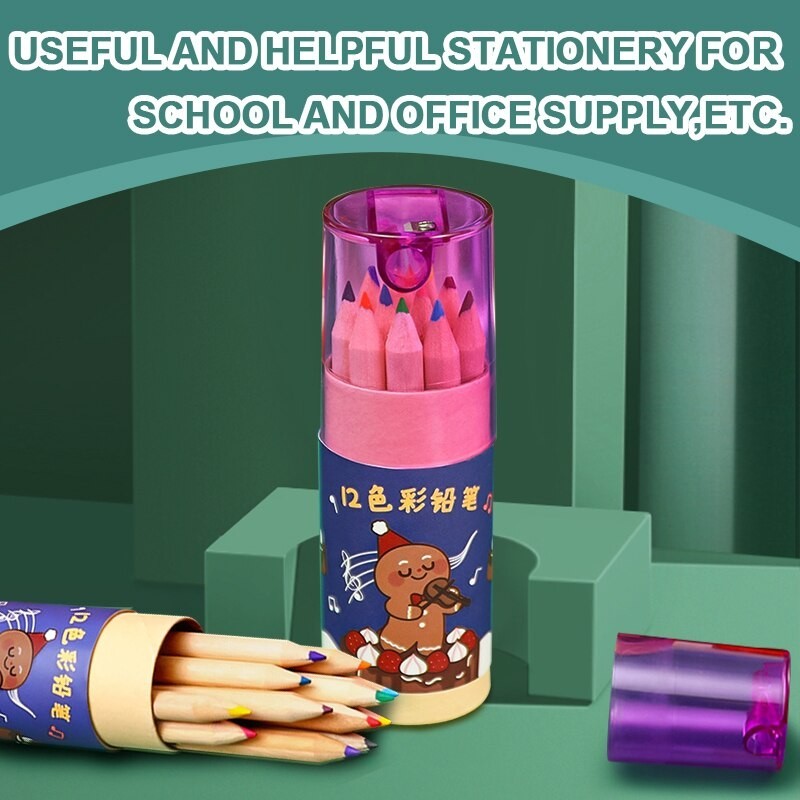 

12 Color Drawing Pencils Cartoon Christmas Elementary School Drawing Pencil Christmas Gift Tube Colored Pencil Set Birthday Gift