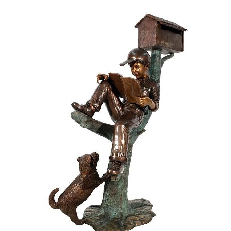 

outdoor decoration metal casting bronze mailbox sculpture reading boy statue sit on tree statue with dog