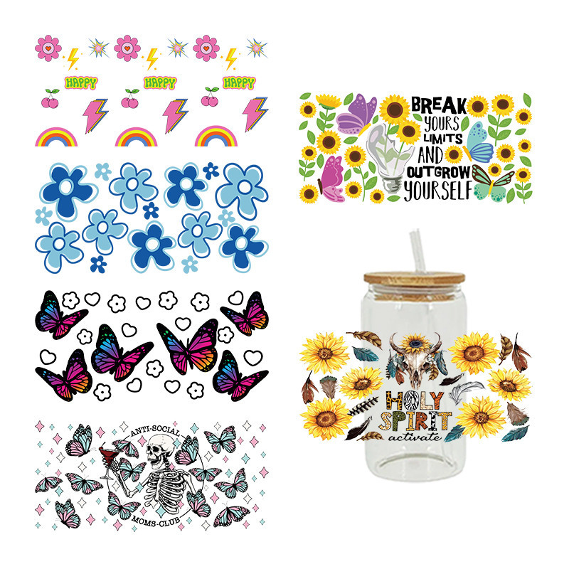 

UV DTF Transfer Sticker Butterflies flower For The 16oz Libbey Glasses Wraps Bottles Cup Can DIY Waterproof Custom Decals D8549