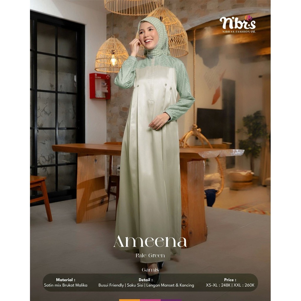 Nibras Ameena Gamis Wanita Bahan Satin mix Brokat Warna Green Adem dan Tidak Gerah