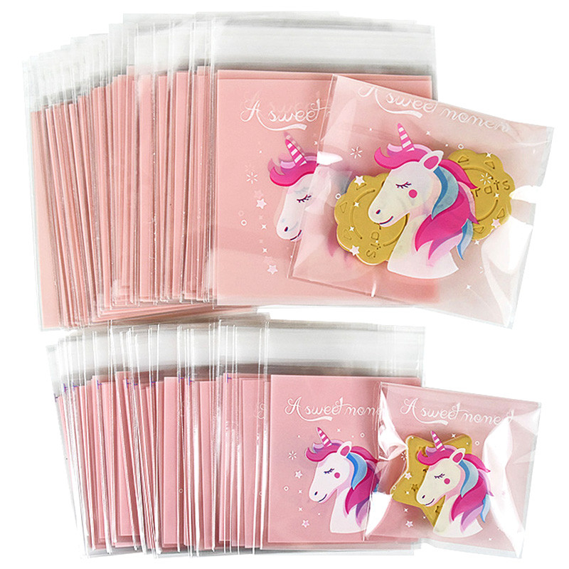 

100pcs Pink Unicorn Candy Bag Baking Cookies Gifts Packaging Self-sealing Plastic Bags For Unicorn Birthday Wedding Party Decor