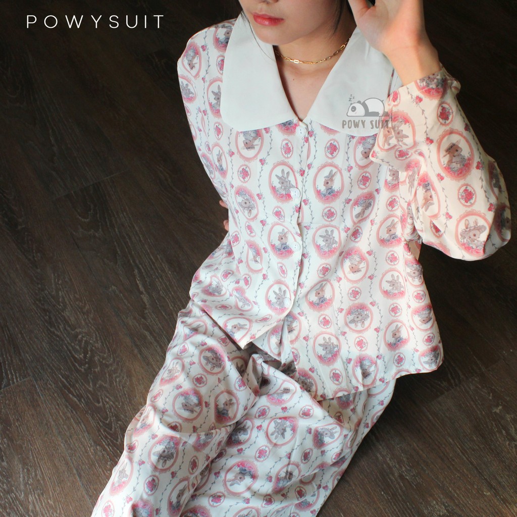 YX64 Rabbit Piyama Powysuit Satin Sutra Wanita Setelan Lengan Panjang Celana Panjang lembut Dewasa