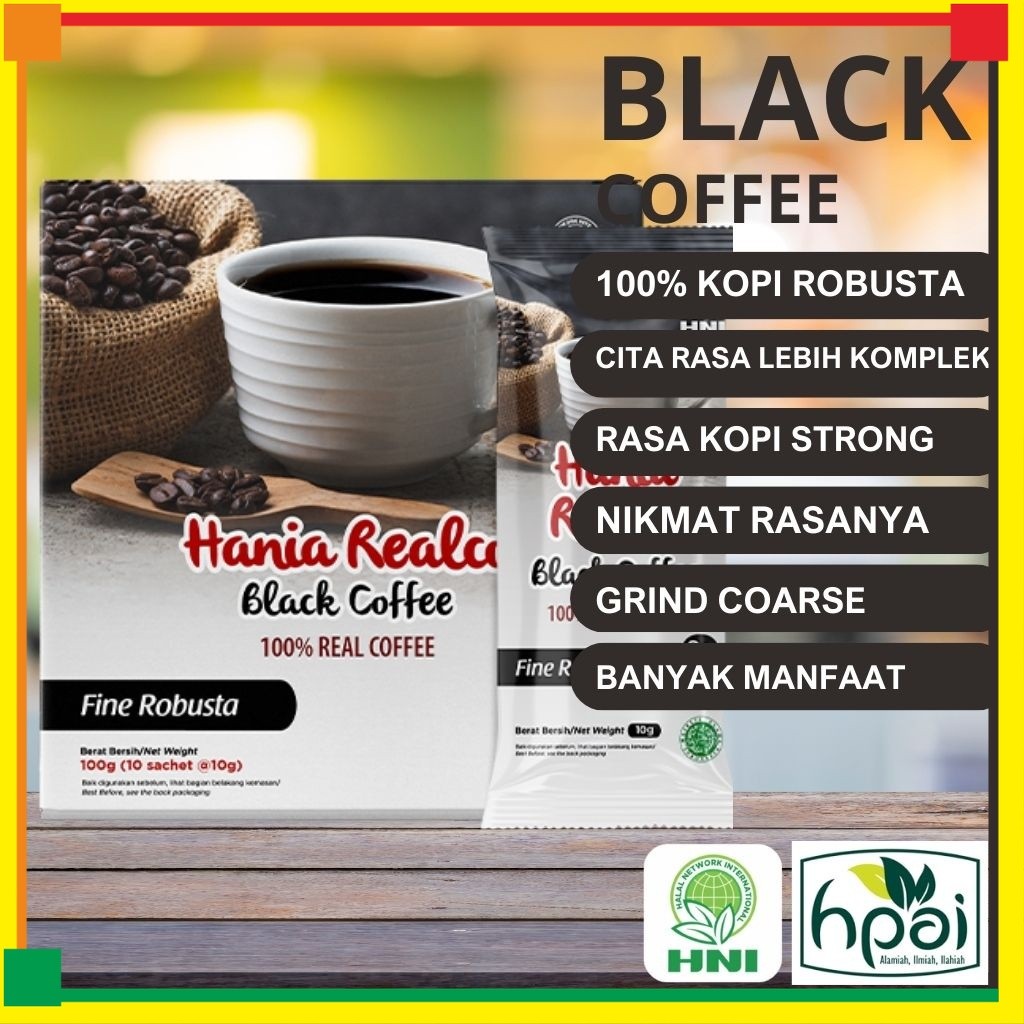 

Hania Realco Black Coffee | Isi 10 sachet | Kopi Hitam HNI HPAI - Harga Member Chat Admin Aja