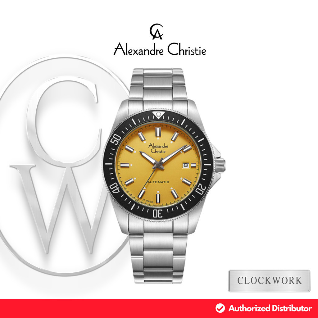 Jam Tangan Pria Alexandre Christie Automatic AC 6676 MABSSYL Rantai Casual Dial Kuning