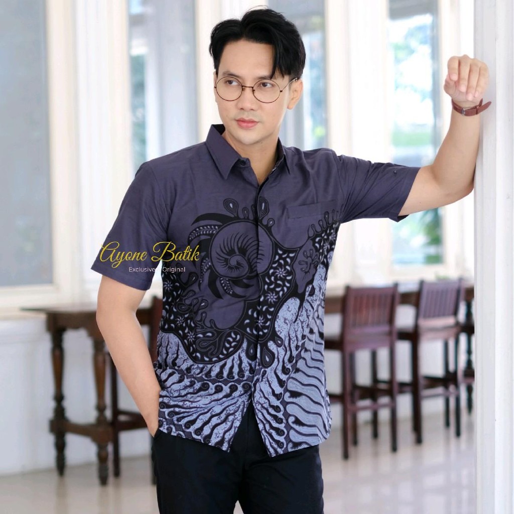 Hem batik pria slim fit RENJANA ABU PENDEK kemeja batik pria lengan pendek terbaru warna dark grey h