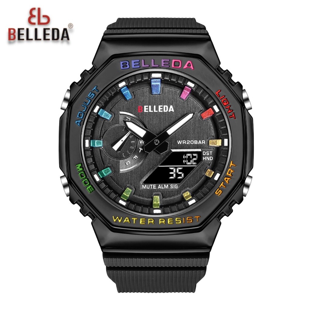 BELLEDA 9529 KARET Jam Tangan Pria Digital LED Pria Kasual Tahan Air Olahraga Jam Tangan DUAL TIME