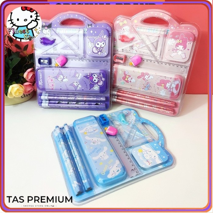 

TP986 Set Alat Tulis SANRIO Kotak Pensil Penggaris Penghapus Rautan Pen Grip Souvenir Goodie Bag Kado Anak Sekolah - Set KT 113, Kuromi