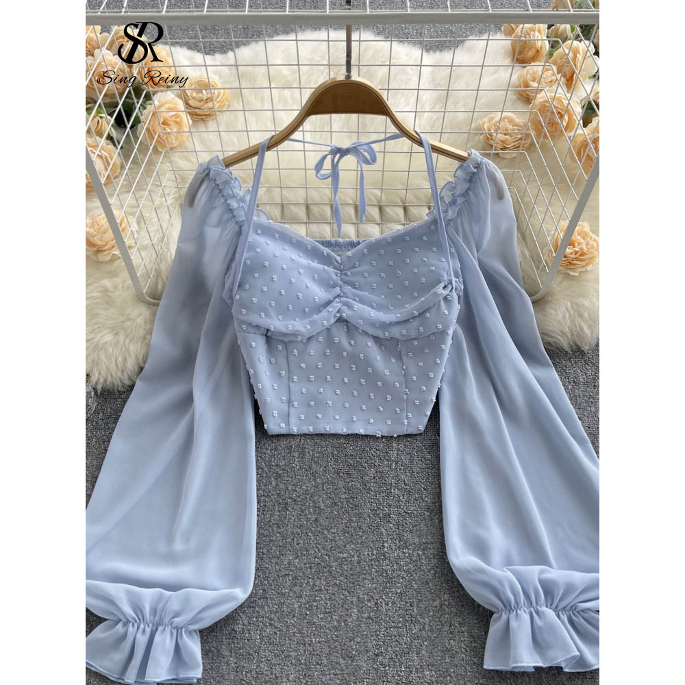 

SINGREINY Polka Dot Folds Short Blouse Summer Slash Neck Long Sleeve Women Tie Halter Elastic Waist Fashion French Beach Top