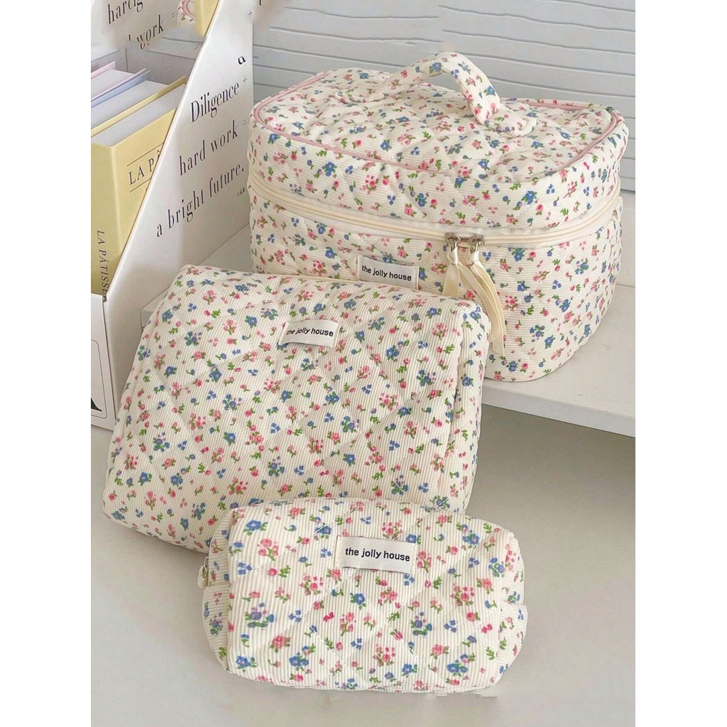 

Lovely Floral Stitching Corduroy Cosmetic Bag For Storing Skin Care ltems Lipsticks Accessories Travel Necessity Birthday Gift