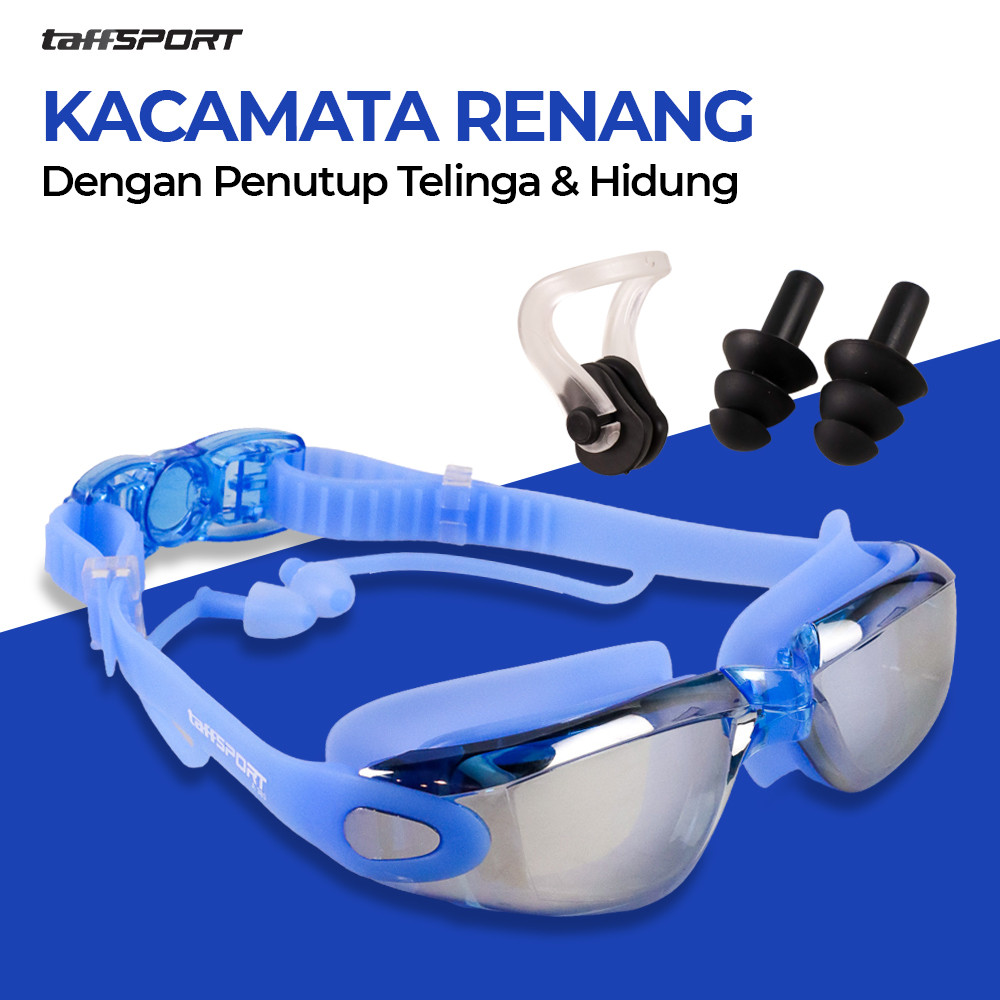 TaffSPORT Kacamata Renang dengan Penutup Telinga & Hidung Kacamata Renang, Kacamata Renang Anti Air 