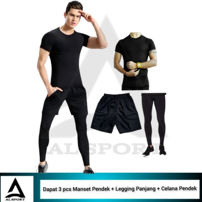 Full set Olahraga Pria Baju Manset Pendek Celana Pendek Legging